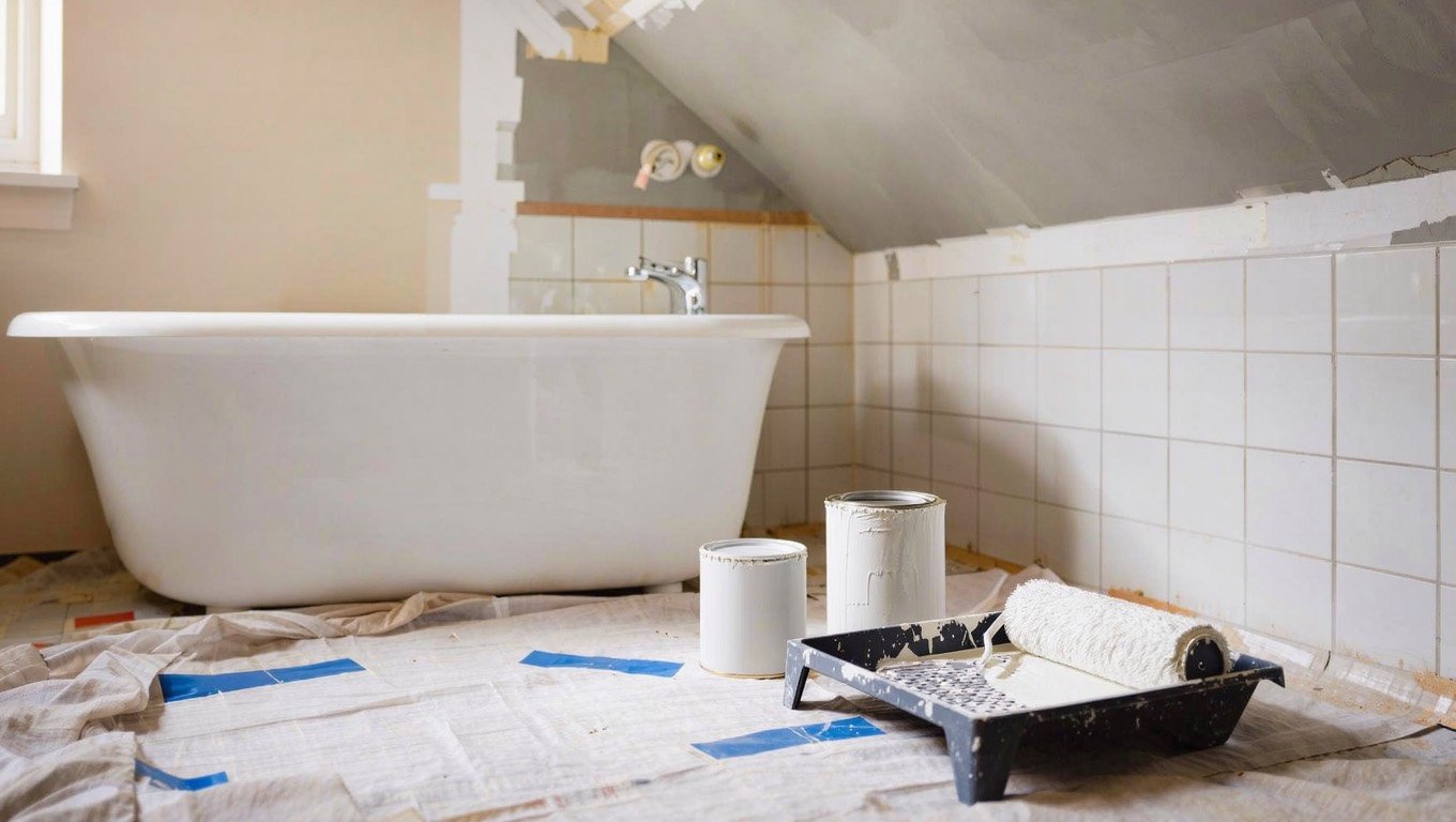 Open tin of white anti-mould paint with a roller and tray on a dust sheet beneath a freshly painted bathroom ceiling