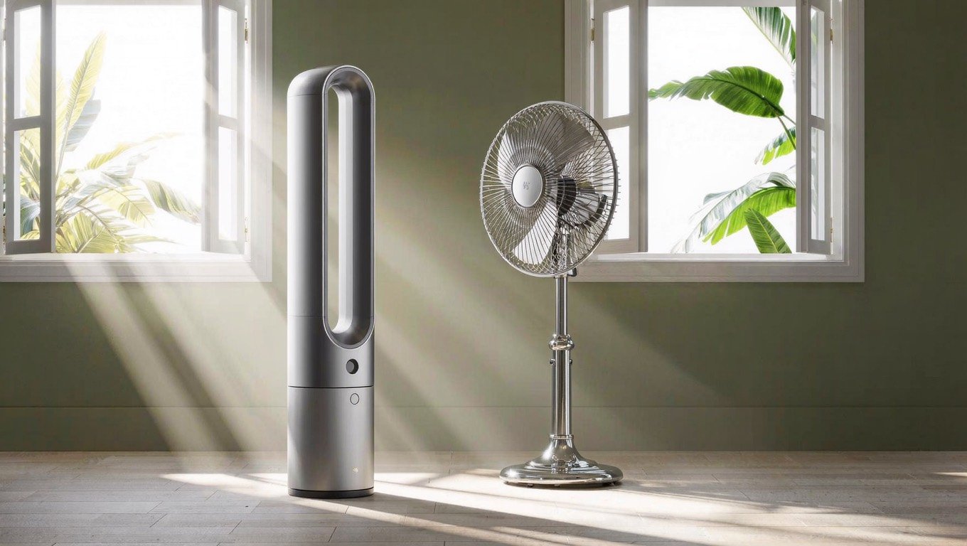 A white pedestal fan and slim tower fan in a bright UK living room during summer