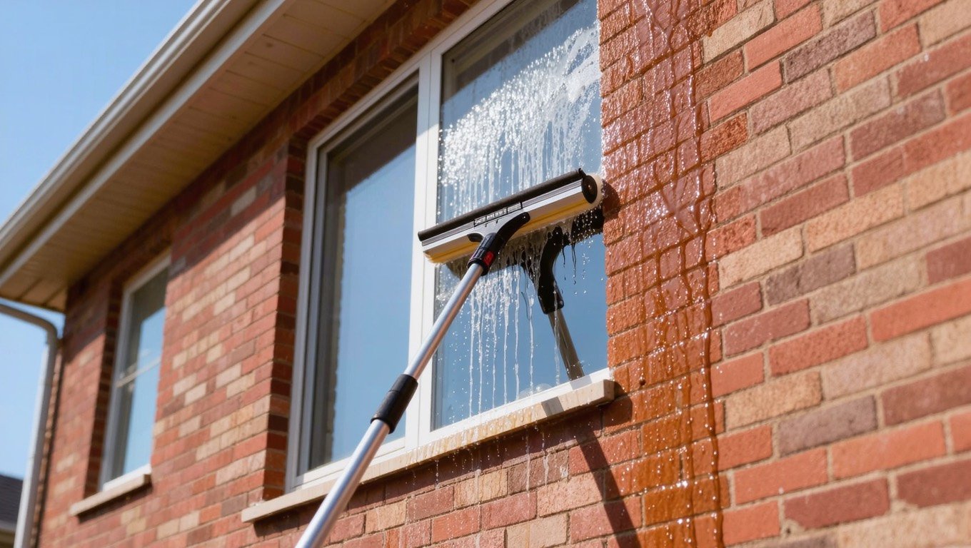 Telescopic window cleaning pole with squeegee head propped against a brick UK semi-detached house beside a bucket of soapy water