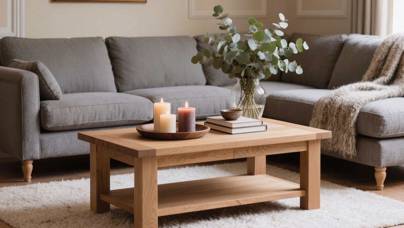Oak coffee table styled with a wooden tray, stacked hardback books and a vase of foliage in a UK living room