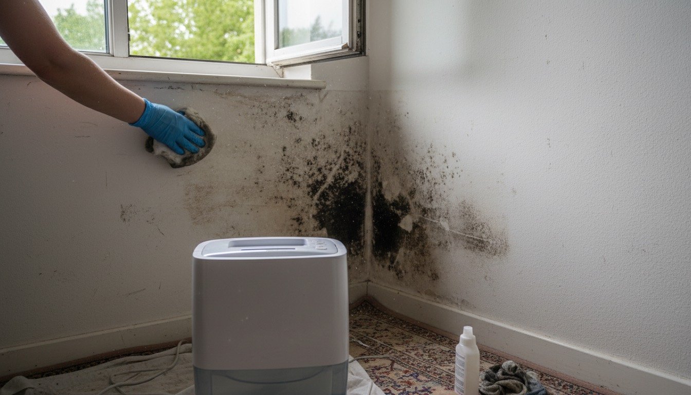 Corner of a bedroom wall being treated for mould with window open to fresh air