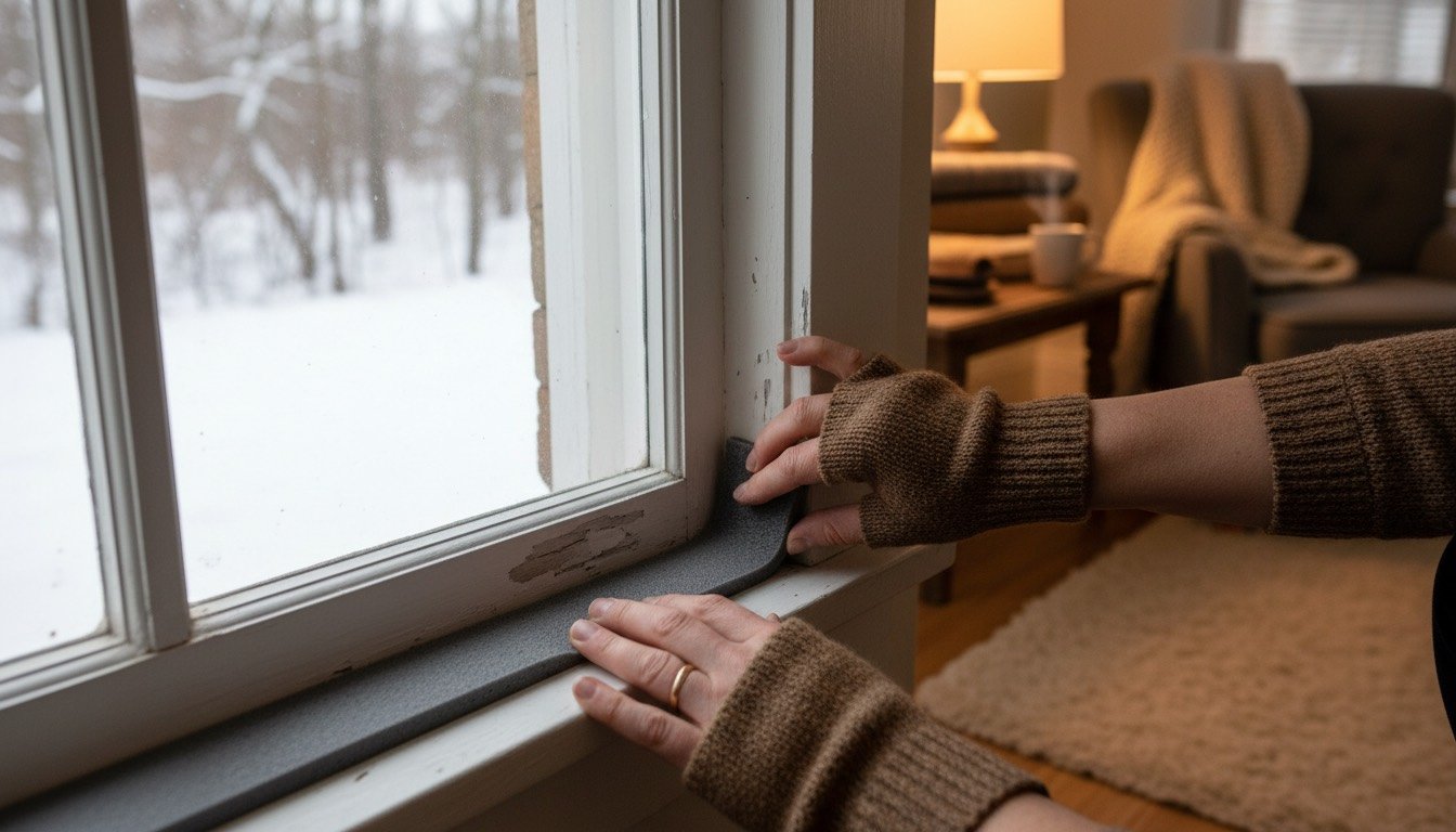 Hands fitting foam draught excluder strip to a sash window frame