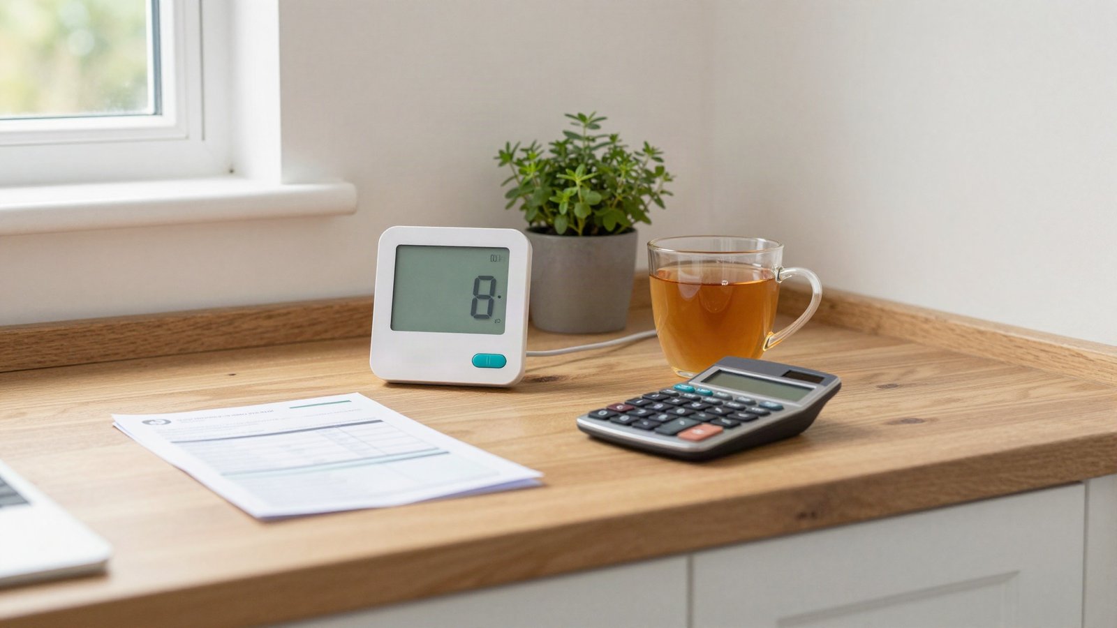 Smart meter in-home display on a kitchen worktop beside an energy bill, calculator and mug of tea in a UK home