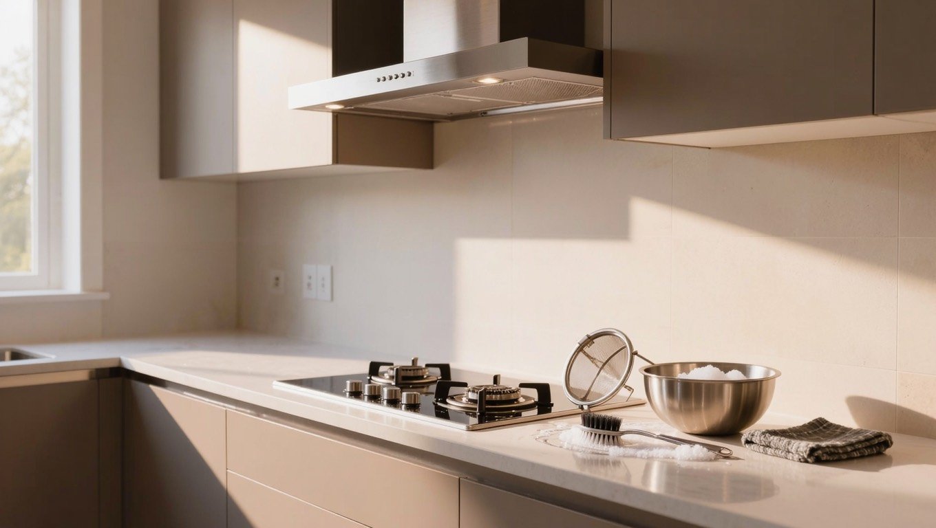 A stainless steel cooker hood above a gas hob in a plain UK kitchen, with daylight from the window beside it and no one in the room