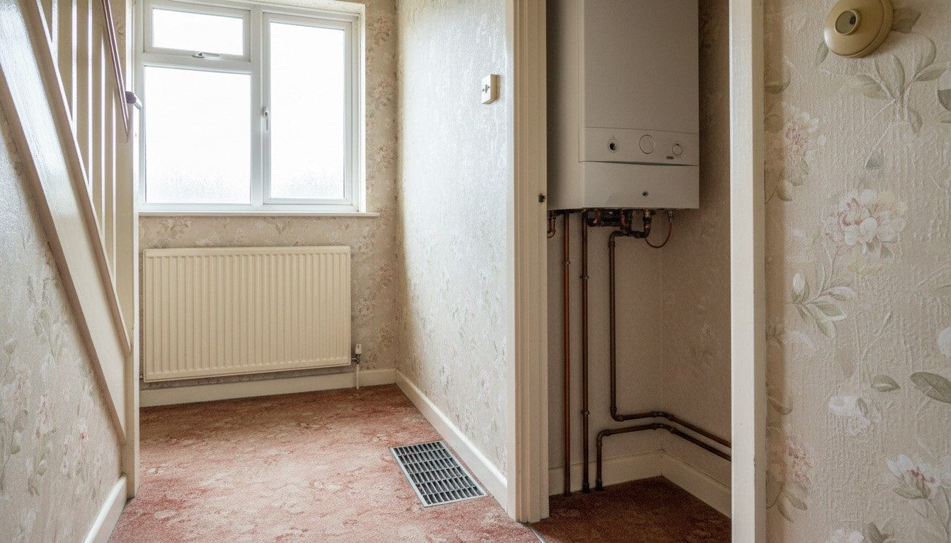 A white wall-hung boiler in a cupboard off a UK hallway, with copper pipework running down to the floor, a radiator beneath the landing window and patterned carpet