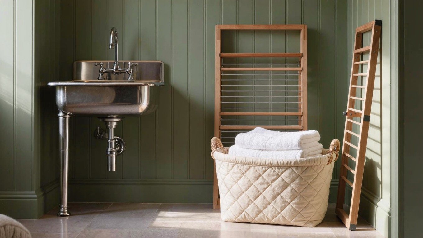 Cream quilted fabric laundry basket with folded white linen in a bright UK utility corner with sage panelling