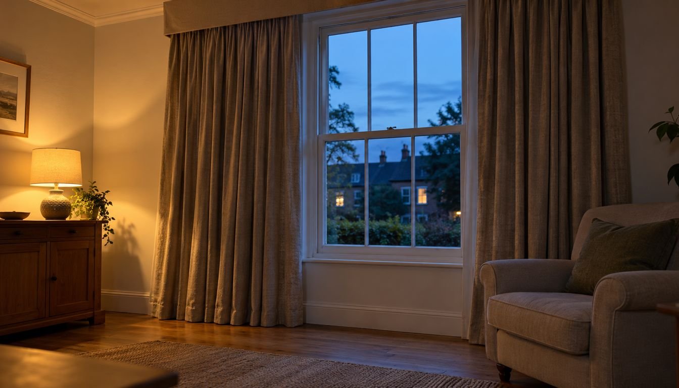 Floor-length lined curtains and a fabric pelmet at a white sash window in a UK living room at dusk, with a table lamp lit and an armchair beside the window