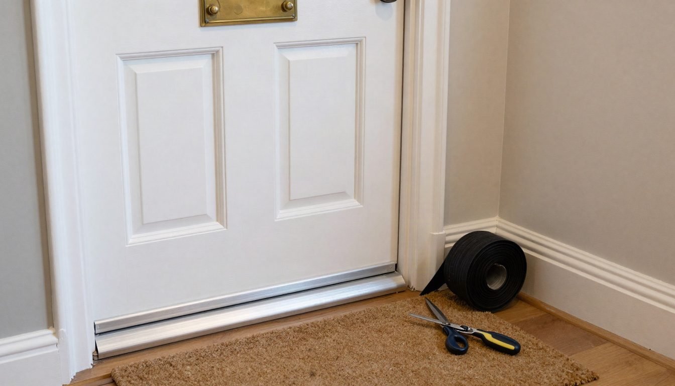 Coir doormat laid across the threshold of a white panelled front door, with a wooden hallway floor beyond