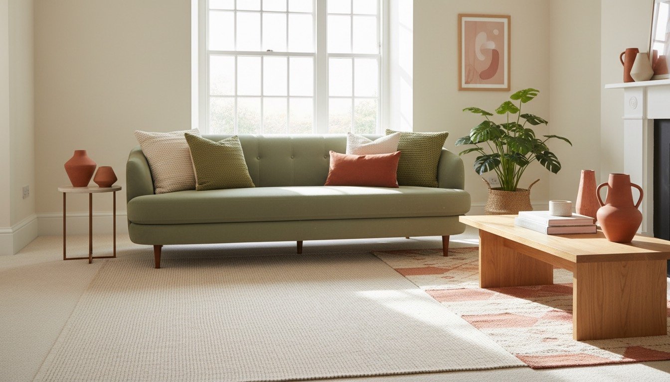 Bright, freshly cleaned living room with soft carpet and stylish decor